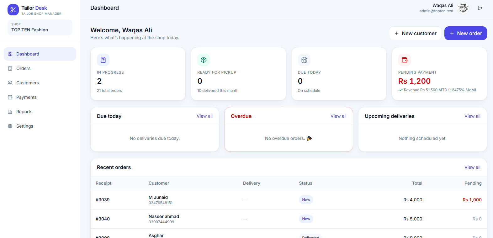 Tailor Desk order management dashboard